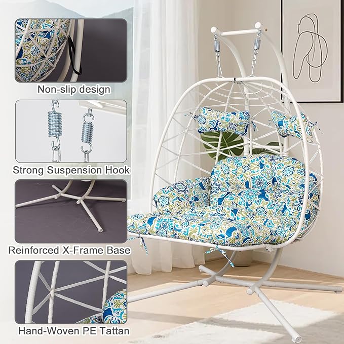 Double Egg Hammock Chair with Stand, Swing Egg Chair, Wicker Hanging Chair with Washable Cushion - Sturdy Metal Stand, 600lbs Capacity for Indoor Outdoor Patio Living Room Etc (White+Morocco Dream)