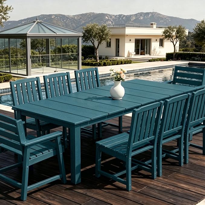AreShark 9-Piece Outdoor Dining Set,HDPE Patio Table with 8 Chairs,All-Weather Patio Furniture Set with Umbrella Hole,Low Maintenance Wood Grain Dining Set for Backyard,Garden,Poolside,Navy Blue