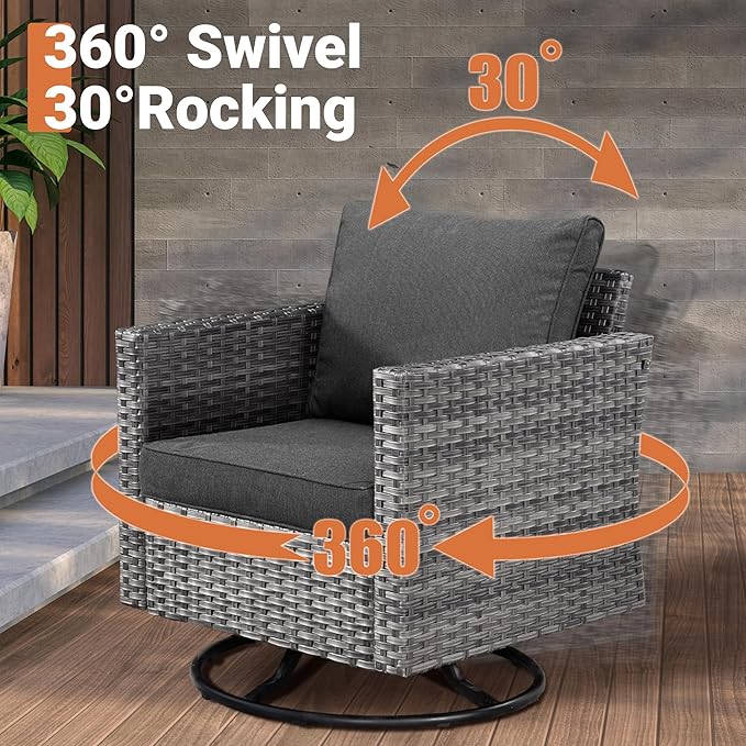 ovios 11 Piece Outdoor Patio Furniture Set with Fire Pit Table,Conversation Sectional Wicker Couch with Swivel Chairs,Modern Outside Sofa for Balcony Backyard, Black