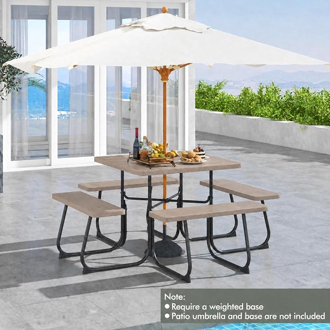 POWERSTONE Picnic Tables with Benches for 8, Outdoor HDPE Picnic Table with Umbrella Hole, Heavy Duty 35" Portable Dining Set Camping Table for Backyard, Patio, Park(Coffee)