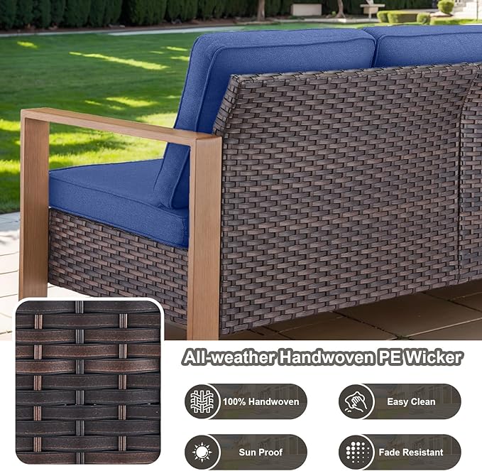 Belord 5 Piece Outdoor Wicker Patio Conversation Furniture Set Deep Seating, Metal Wide Armrests Patio Sofa Set with Rattan Chairs Ottomans for Porch Deck Sunroom Backyard