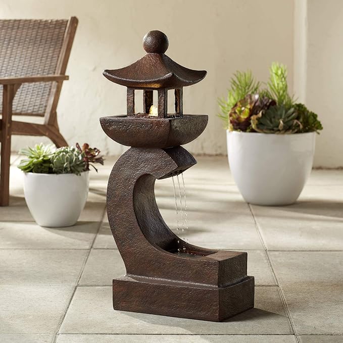 Pagoda 31" High Large Zen Japanese Indoor Outdoor Decor Rust Stone Floor Fountain with Light LED Standing Waterfall Water Feature for Outside Garden Patio Yard Backyard Porch Deck - John Timberland
