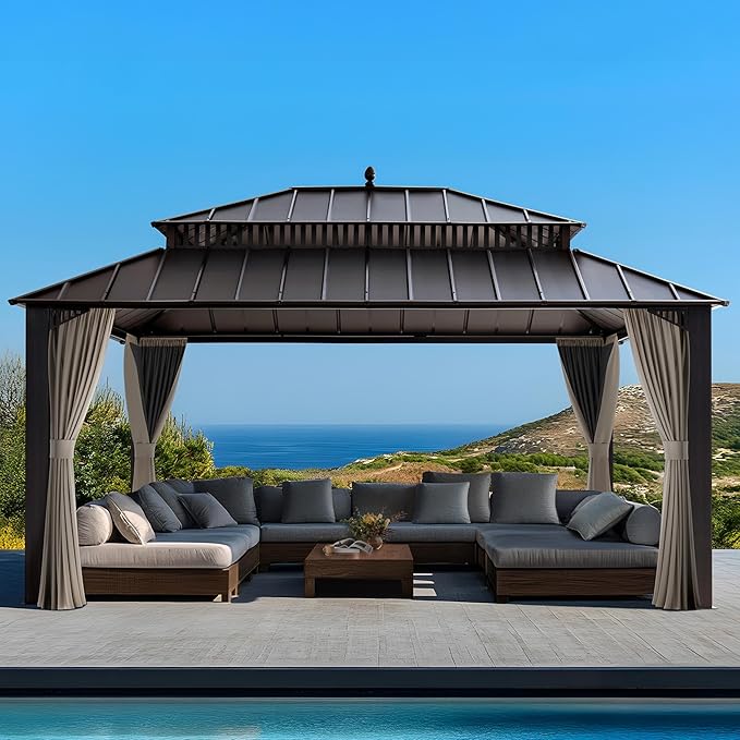 SUNJOY Kingston 16' x 12' Hardtop Gazebo with Galvanized Steel Double Roof, Curtain and Netting, Brown Aluminum Posts Permanent Pavilion Gazebo for Garden, Patio, Deck, Lawn