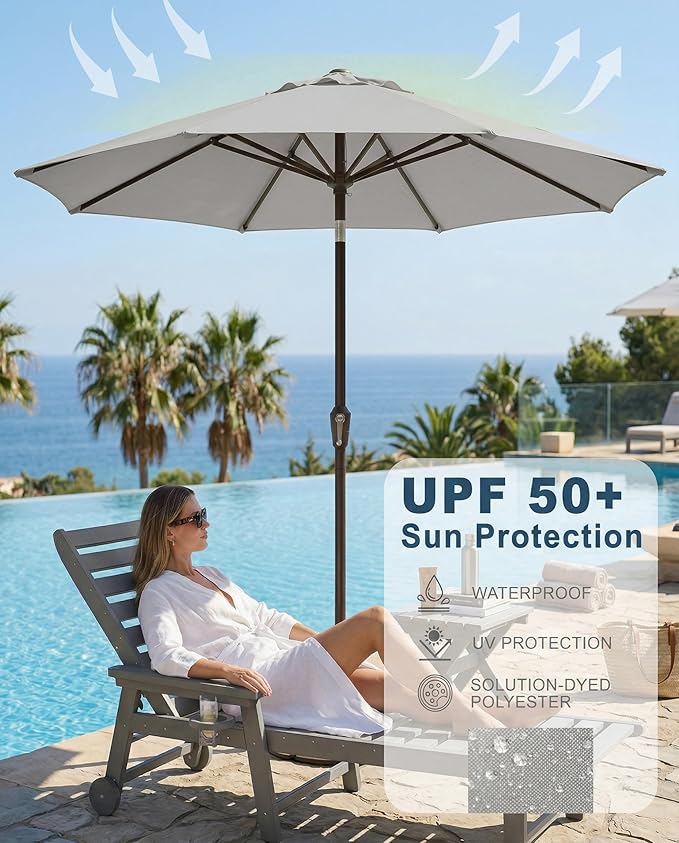 PatioKingdom Auto-Tilt 9FT Patio Umbrella Outdoor with 8 Sturdy Fiberglass Ribs,Market Table Umbrella for Pool,Backyard,Deck and Garden