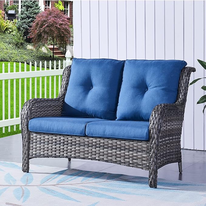 Rilyson Outdoor Loveseat Wicker Patio Sofa - 2-Seat Rattan Outdoor Couch Patio Furniture with Deep Seating and Comfortable Cushions for Outside Porch Deck Balcony(Mixed Grey/Blue)