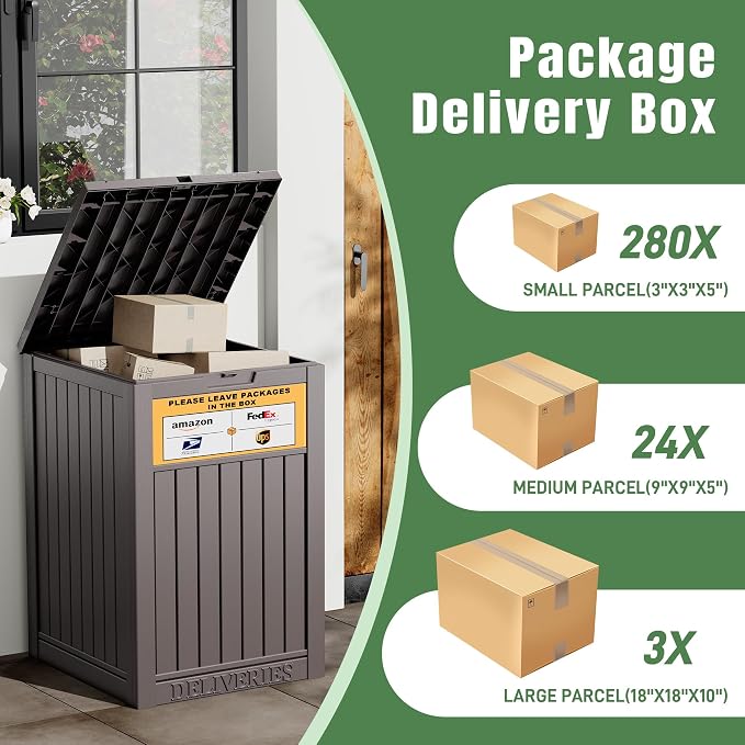 NUNU LAB Package Delivery Box for Outside, 48 Gallon Storage Deck Box with Lockable Secure, Waterproof Large Resin Drop Boxes for Porch