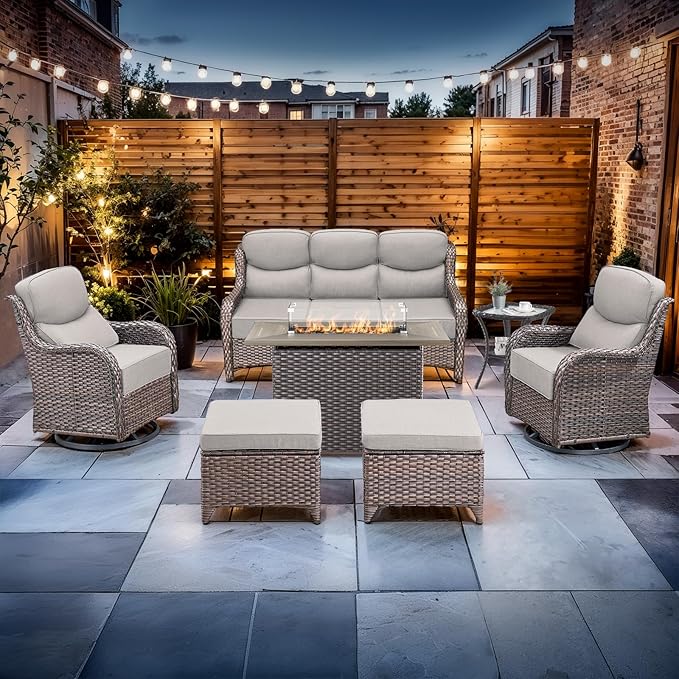 Luxury High Back Outdoor Furniture with 6-inch Extra Thick Cushions, Patio Furniture Set with Fire Pit Table & Swivel Chairs, 7 PCS Wicker Conversation Set for Yard, Deck, Poolside, Brown/Beige