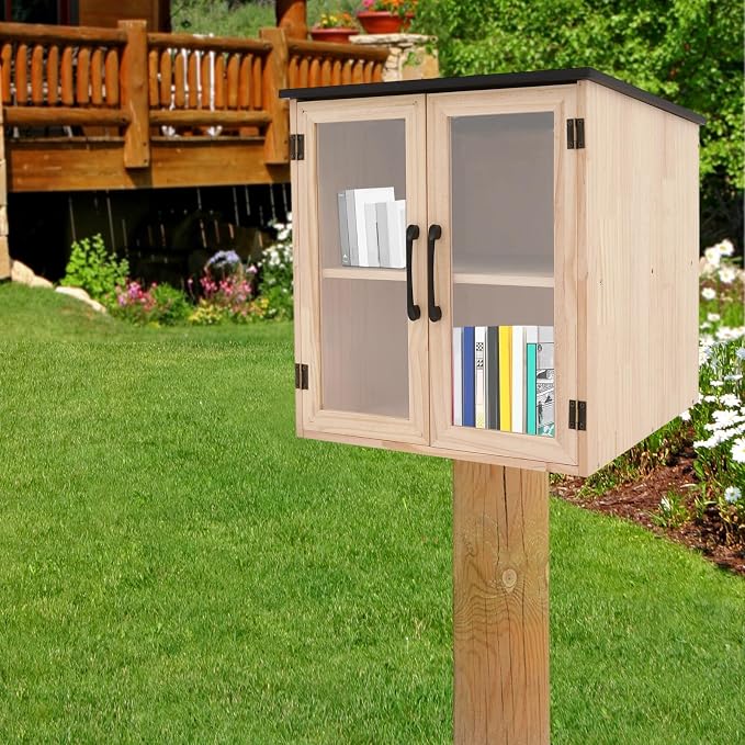 Outdoor Library Book Box, 2-Tier Literature Exchange Kit, 18.5" Tall Outdoor Wood Cabinet for Sharing Books Community Literature, Flyers, Newspapers, Food Art