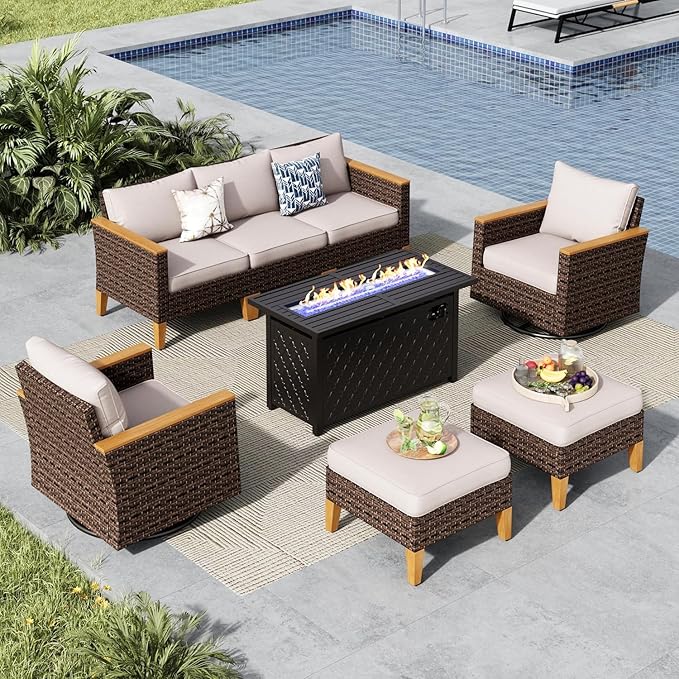 MFSTUDIO 8 Piece Wicker Patio Furniture Sets with Fire Pit Table, 2 x Swivel Chair, 2 x Ottoman, 3-Seat Sofa, All-Weather PE Rattan Patio Conversation Set Sectional Sofas for Garden(Beige Cushions)