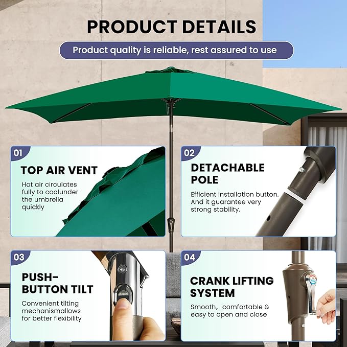 Ayge 6.5x10FT Rectangular Patio Umbrella Outdoor Table Umbrella w/Push Button Tilt & Crank Rectangle Market Umbrella UV Protection for Garden,Deck,Lawn,Yard & Pool,Green