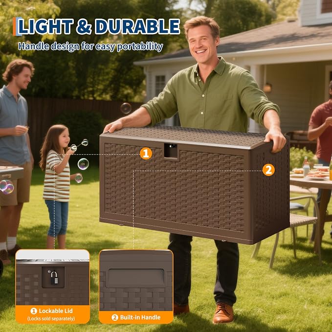IDEALHOUSE 73 Gallon Resin Deck Box, Waterproof Outdoor Storage Box with Lockable Lid & UV Resistant, Patio Furniture Cushion Storage Container for Garden, Backyard, Poolside (Brown)