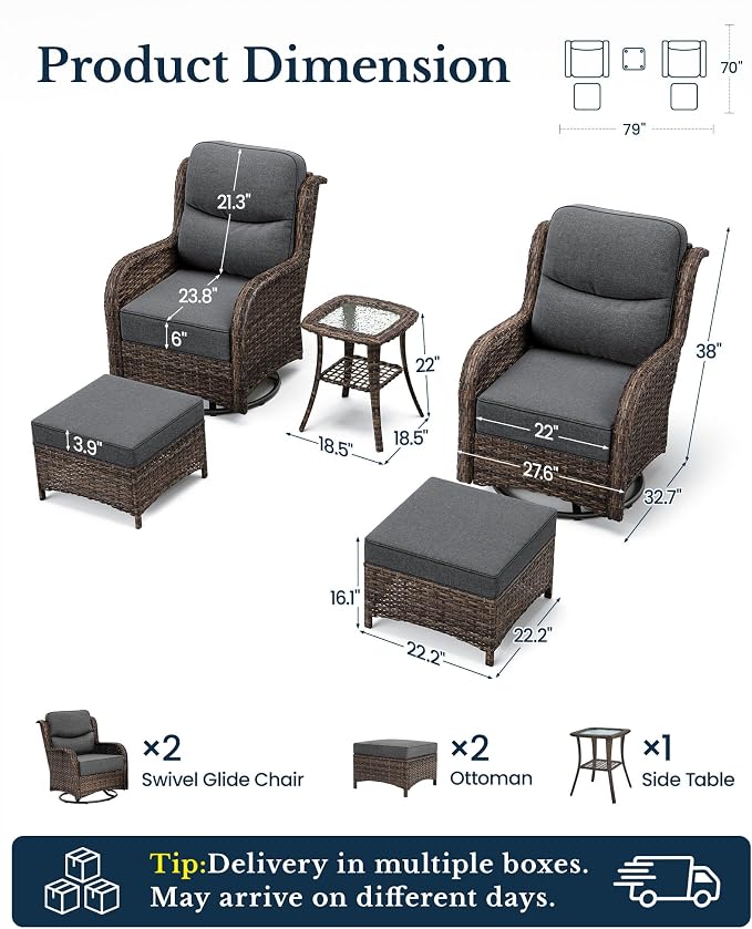 HILLGA Luxury 5PCS Outdoor Swivel Rocker Patio Chairs of 2 with 6 Inch Thick Cushions and Side Table, All Weather Outdoor Chairs High Back Wicker Patio Furniture Set for Porch and Deck, Grey