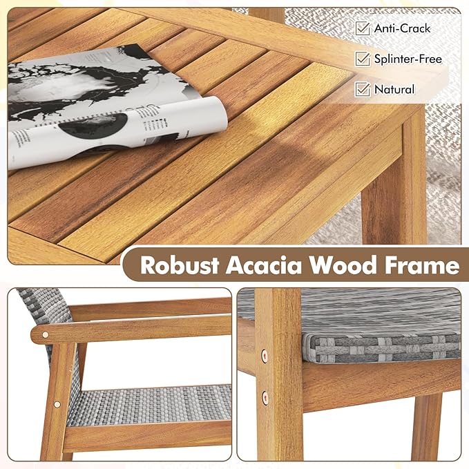 Tangkula 4 Pieces Outdoor Furniture Set, Acacia Wood Frame Sofa Set w/Rattan Seat & Back, Patio Conversation Set w/Coffee Table for Balcony, Poolside, Backyard (Mix Gray)