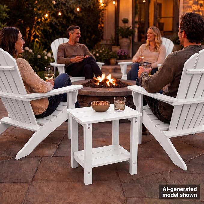 MXIMU Outdoor Side Table 2 Tier: Heavy-Duty Sturdy Warp Resistant Adirondack Table - Wood Grain Finish Outdoor End Tables - Easy Assembly & Low Maintenance Patio Side Table White