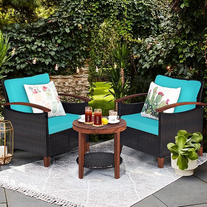 COSTWAY 3PCS Patio Rattan Furniture Set, Outdoor Solid Wood Frame Cushion Sofa with Round Table for Garden Porch Backyard Poolside (Turquoise)