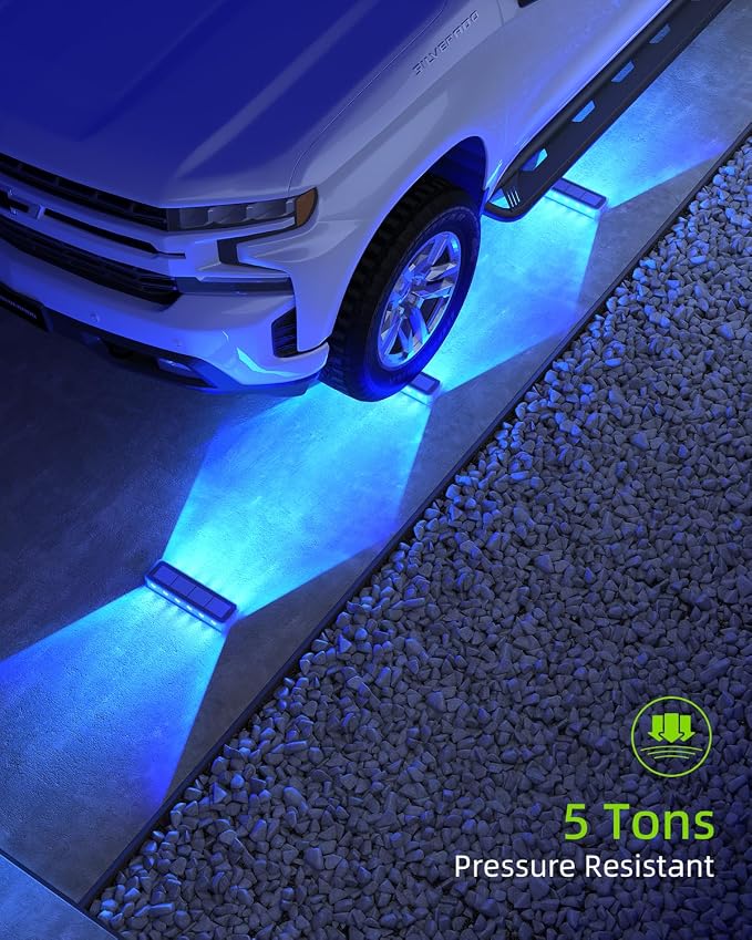 DetarZinLED Blue Solar Step Lights, 12 LEDs 2-Sided Glow, IP68, 4 Pack | IP68 Waterproof, Solar Powered, Auto ON/OFF, Stick on, Sturdy Polycarbonate Shell, for Outdoor Dock, Deck, Flat, Stair, Porch