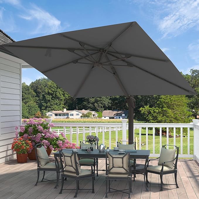 9' X 12' Cantilever Patio Umbrella with Base Included Rectangular Outdoor Large Offset Umbrellas with 7 Tilts Adjustable 360°Rotation for Deck Pool Garden Backyard, Grey
