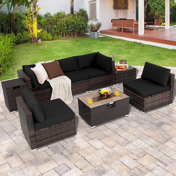 Tangkula 8 Piece Outdoor Wicker Sofa Set, Patio Rattan Conversation Set w/32” Propane Fire Pit Table & Tank Holder, 40,000 BTU Heat Output, Cozy Seat & Back Cushions, Fire Pit PVC Cover (Black)