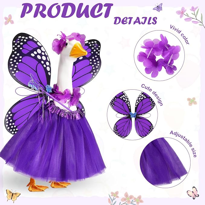 5pcs Butterfly Porch Goose Outfit Costume Tutu Skirt Butterfly Wing Wand Flower Crown for 17‘' 23‘' Cement Goose