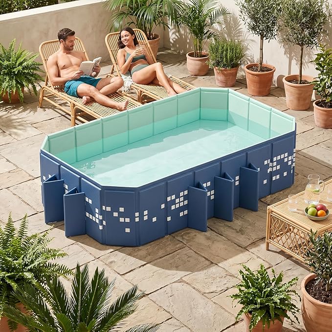 Large Foldable Swimming Pool, Mosaic Design Non-Inflatable Rectangular Pool, Oversized Thickened Framed Pool, Collapsible Pool for Kids Adults, Backyard Outdoor Pool 102.4"x65.0"x19.7"- Blue