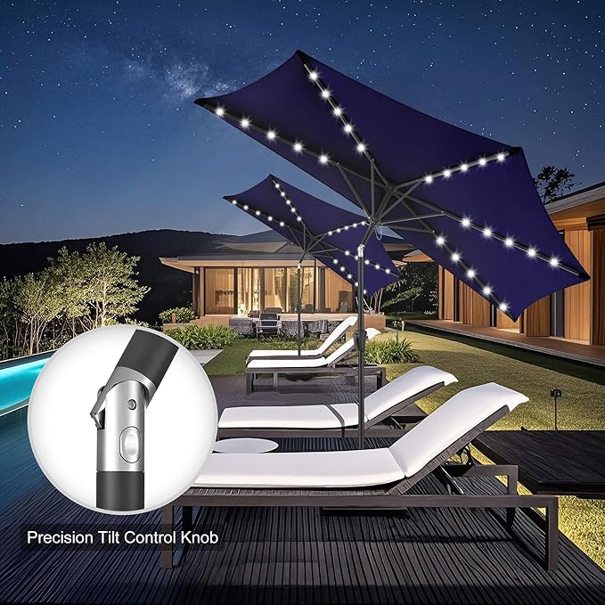 FLAME&SHADE 9 FT Solar Half Patio Umbrella with 25 LED Lights, Half Outdoor Umbrella with Button Tilt, Half Round Table Umbrella For Deck, Backyard, Balconies, Decks, Rvs, UV Protection (Navy Blue)