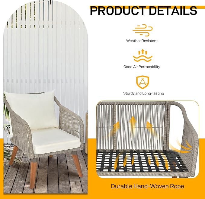 VINGLI 4 Pieces Outdoor Patio Furniture Set with Acacia Wood Table, Wicker Conversation Sofa Sets for Balcony, Porch or Backyard