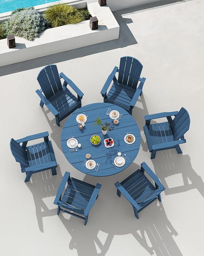 SERWALL 5-Piece Patio Dining Sets, HDPE Outdoor Table and Chairs Furniture Set, 45" Round Dining Table and 4 Adirondack Dining Chair, Navy