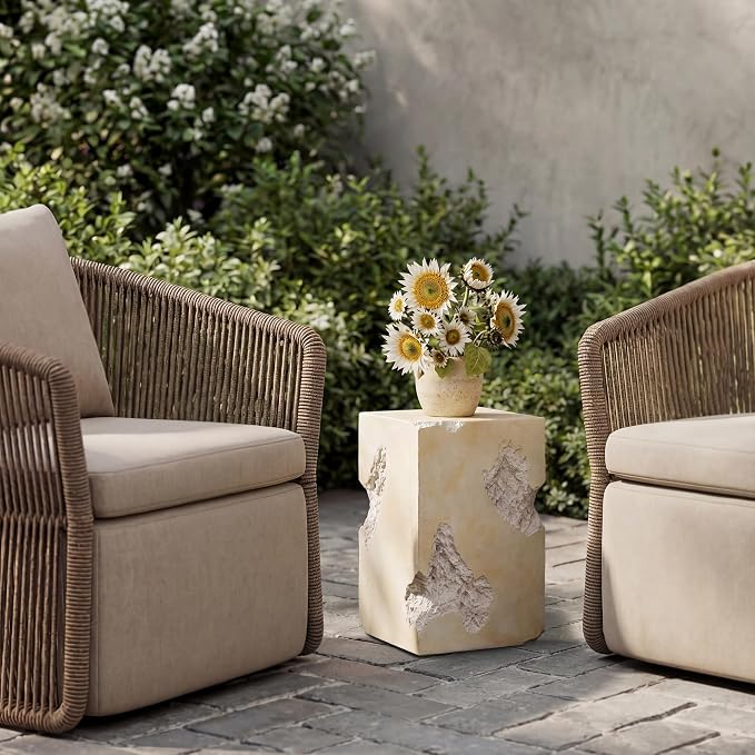 Morden Fort Modern Concrete Side Table, Sculptural Lightweight Faux Marble End Table, Indoor/Outdoor Accent Stone Table for Living Room, Patio and Garden