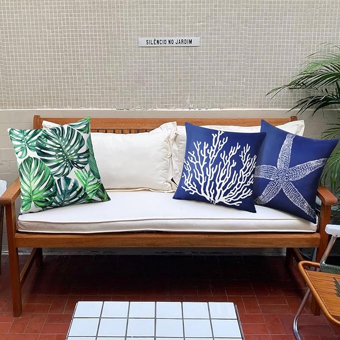 Adabana Spring Summer Outdoor Waterproof Coastal Pillow Covers 18x18 Inch Set of 2 Nautical Starfish Coral Throw Pillow Covers Sunmmer Farmhouse Decorations for Beach Patio Sofa, Navy Blue