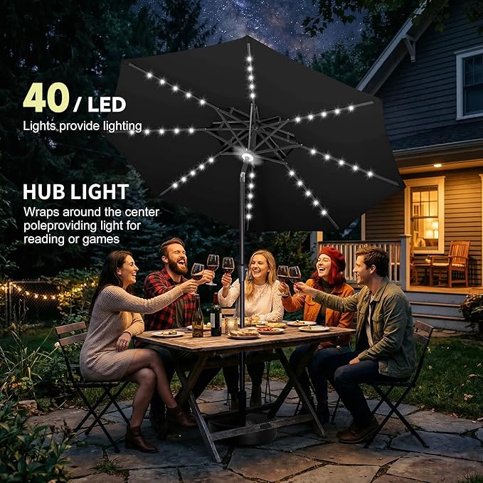 9FT Solar Umbrella Outdoor - 2-Tier Lighted Solar Patio Umbrella with 40 LED Lights Waterproof UV Protection, Table Umbrella with Tilt for Pool, Porch, Garden, Backyard (Black)