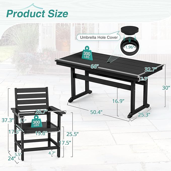 7 Piece Patio Dining Set, 66" Rectangle HDPE Weather Resistant Outdoor Table & 6 Patio Chairs Set with 1.96" Umbrella Hole, Heavy Duty Chairs for Backyard Balcony Deck, Black