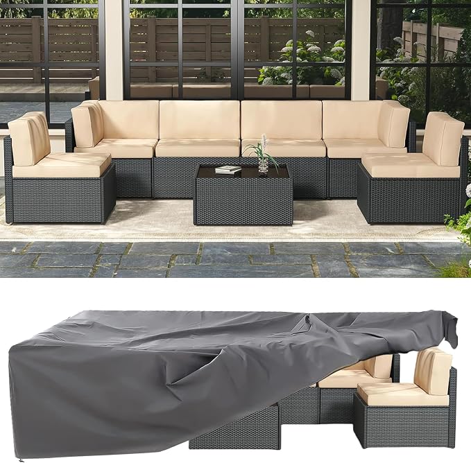 AECOJOY 7 Piece Outdoor Patio Furniture Set, Outdoor Sectional Conversation Furniture Chair with Coffee Table,Patio Sectional for Garden,Backyard(Khaki Cushions and Black PE Rattan, with Cover)