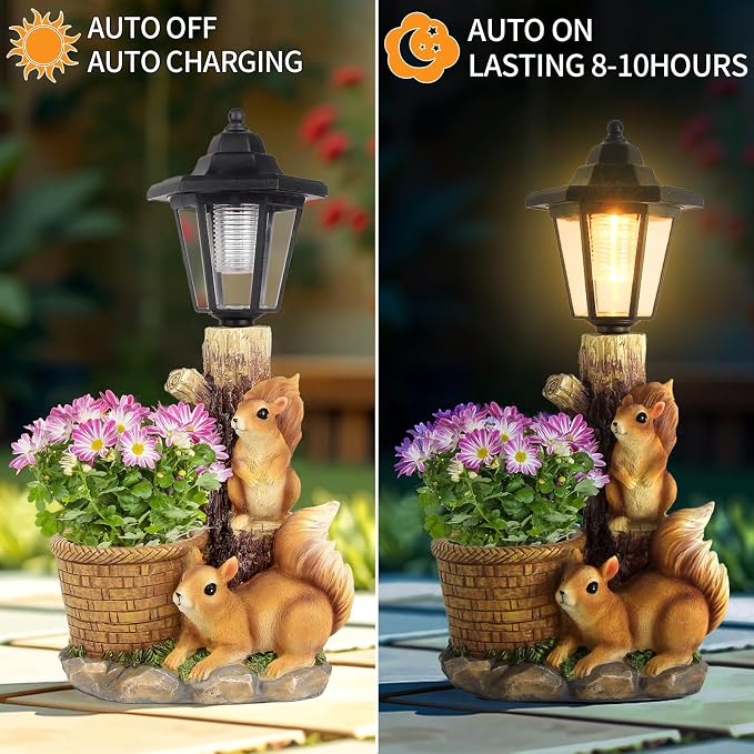 Solar Squirrels Outdoor Statues, Garden Sculpture with Flowerpot & Lantern | Cute Squirrel Figurine for Yard Art Lawn Ornaments Porch Patio Balcony - Birthday Gifts for Women Mom