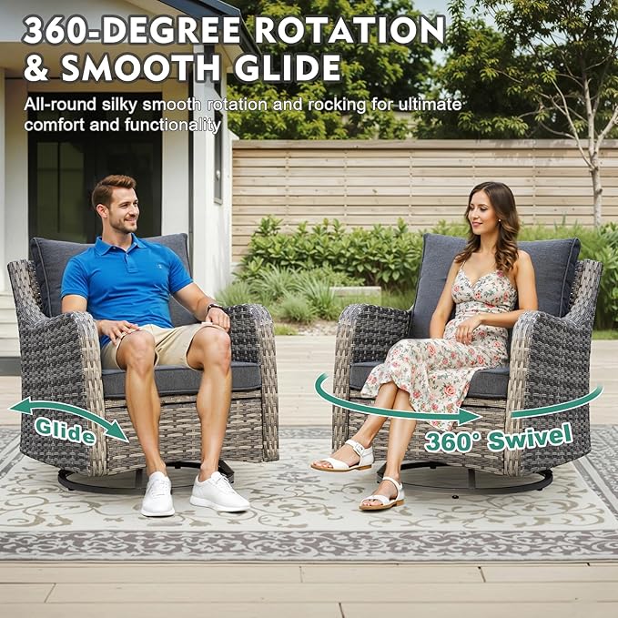 MEISSALIVVE 3 Pieces Patio Furniture Set, Outdoor Swivel Rocker with Washable Cushions & Tempered Glass Tabletop, Outdoor Rattan Conversation Set for Lawn Backyard Porch (Grey)