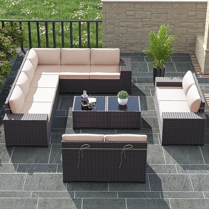 12 PCS Outdoor Patio Furniture Set,Outdoor Sectional Furniture All Weather PE Rattan Wicker Patio Conversation Set with 2 Coffee Tables and 10 Thickened Cushions,Sand