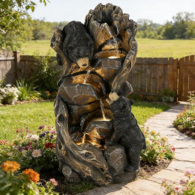 23" H 5-Tier Outdoor Water Fountain, Realistic Black Bears Climbing Tree Waterfall Fountains with 4 LED Lights & Adjustable Flow, Resin Garden Water Feature for Farmhouse Patio Yard Deck Decor