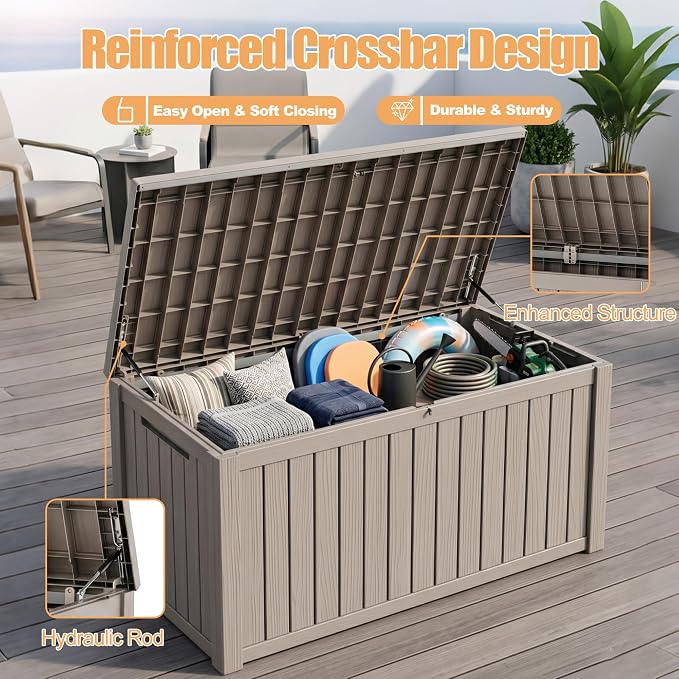230 Gallon Outdoor Storage Box, Large Resin Deck Box, Waterproof Lockable Storage Container Bins, Reinforced Stability for Patio, Garden and Poolside, Grey