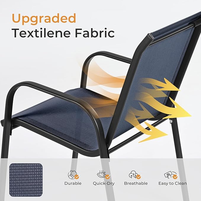 HAPPATIO Outdoor Patio Dining Set, 6 Quick Dry Textilene Dining Chairs and Dining Table with Umbrella Hole, Stackable Textilene Chairs for Garden, Patio and Poolside Backyard, Blue