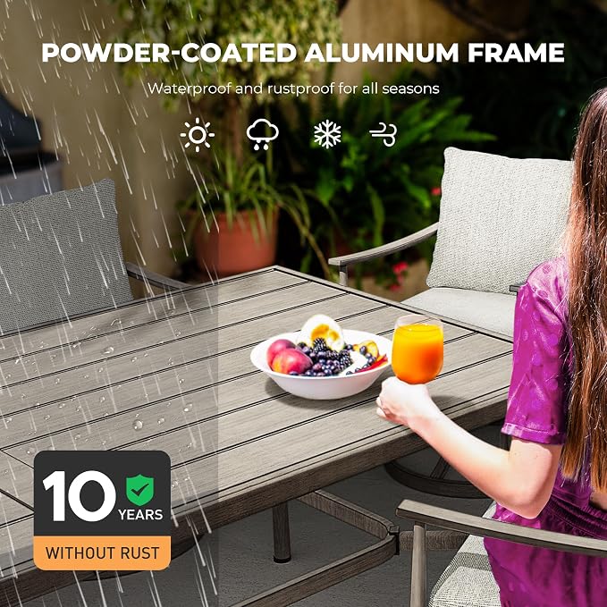 HAPPATIO 9-Piece Patio Dining Set for 8, Aluminum Outdoor Dining Set with Cushions, 8 Swivel Dining Chairs, 1 Large Rectangular Table with Umbrella Hole for Lawn, Porch, Backyard, Gray