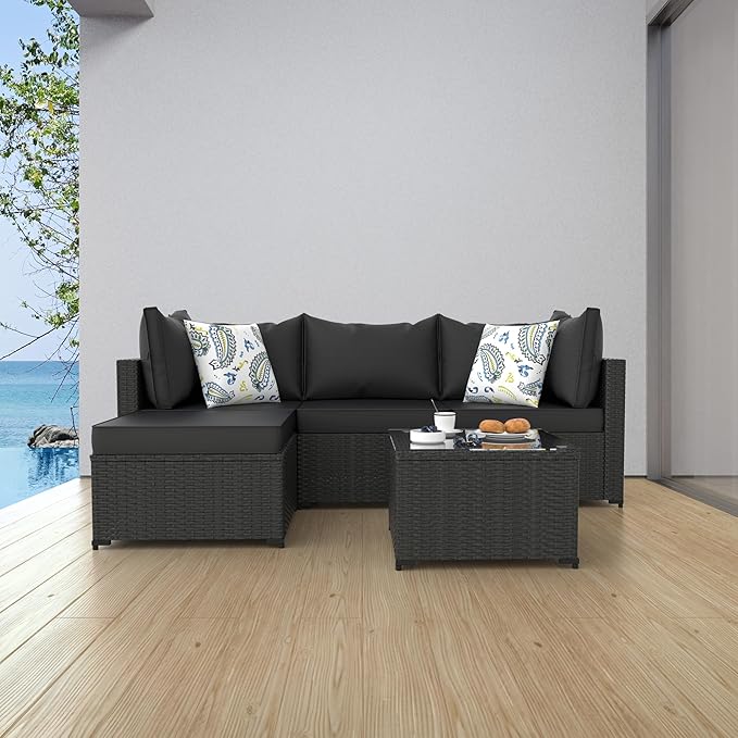 Patio Furniture Set, 5PCS Patio Sectional with Ottoman Wicker Rattan Outdoor Furniture with Thickened Cushion Modular Wicker Patio Conversation Set with Glass Top Table for Balcony, Backyard (Black)
