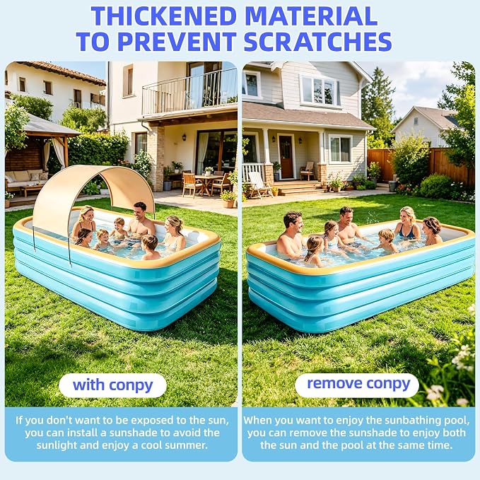 118" Deep Large Inflatable Pool with Removable Pool Canopy & Inflatable Pump, Backyard Family Pool, Outdoor Blow Up Pool for Adults & Kids, Summer Shaded Backyard Pool for Water Party