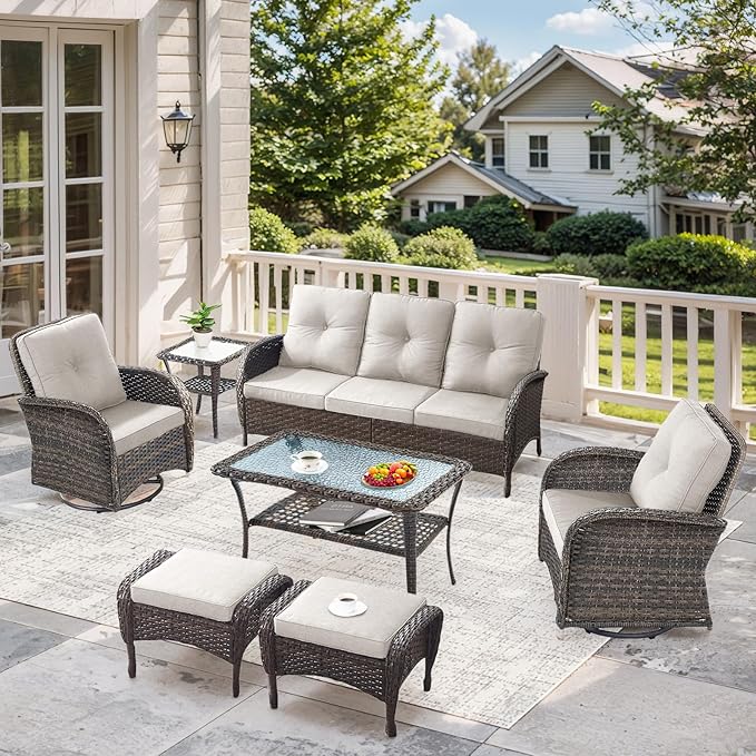 7 Pieces Outdoor Patio Furniture-Swivel Patio Chairs Set of 2 Outdoor Wicker Rattan Sofa Couch with Ottoman Outdoor Conversation Set for Deck Porch Garden Balcony Poolside-Brown/Beige