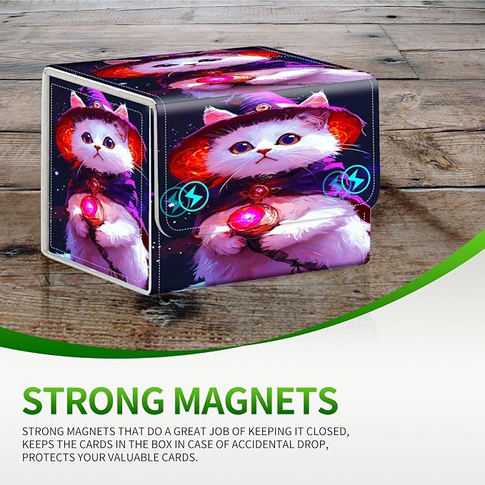 Card Deck Box for MTG, Cards Storage Box Fits 120+ Sleeved, Leather Small Size Strong Magnetic Closing Card Case for Board Games Magic TCG CCG Baseball Collection, Purple White Cat