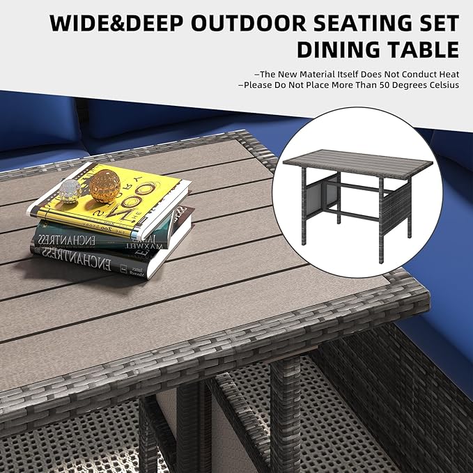 AECOJOY Outdoor Patio Furniture Set with Waterproof Cover, 7 Pieces Clearance Sectional Rattan Dining Table&Chairs, All Weather Wicker Conversation Sofa Couch, Dark Blue Cushions&Grey Rattan