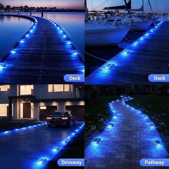 Solar Driveway Lights Outdoor 16 Pack, IP68 LED Solar Powered Waterproof Driveway Marker Deck Dock Lights for Dock Step Pathway Walkway Sidewalk Garden Yard Stair Marine (Blue)
