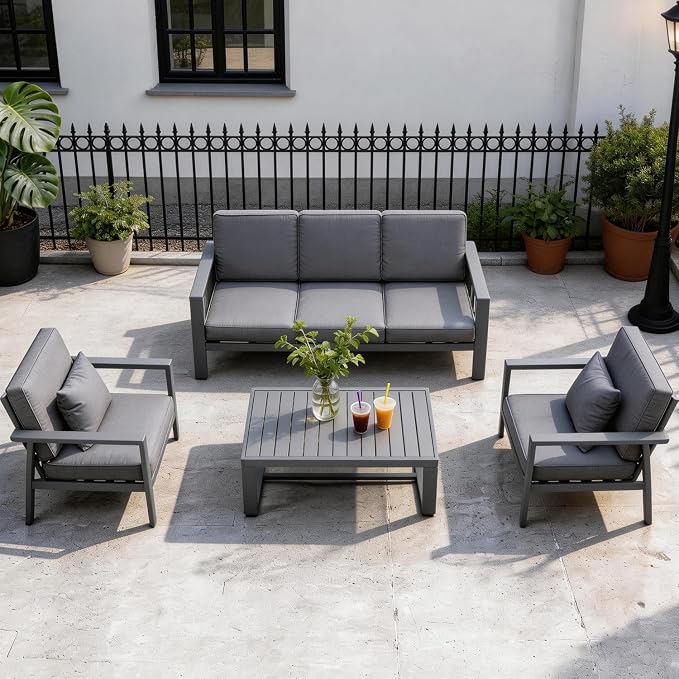 Modern All Weather Aluminum Patio Conversation Set,4 Pieces Oversized Metal Sectional Sofa Couch with Cushions and Coffee Table,Outdoor Furniture for Backyard,Porch,Garden, Balcony,Deck Grey