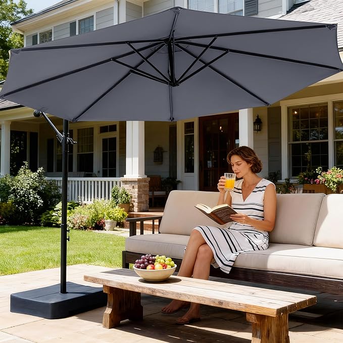 OLILAWN 10ft Patio Umbrella with Base Included, Outdoor Offset Cantilever Umbrella Upgraded Yarn-dyed Fabric Shade, Sturdy 8 Rids, Easy Tilt Adjustment, for Pool Deck Porch Backyard Garden,Charcoal