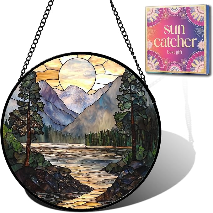 Birthday Gifts for Women - Sunset Mountain Landscape Faux Stained Glass Window Hanging Sun Catcher Mother's Day for Mom Nana Friend Grandma Wife and Door Garden Acrylic Decor 6.3"