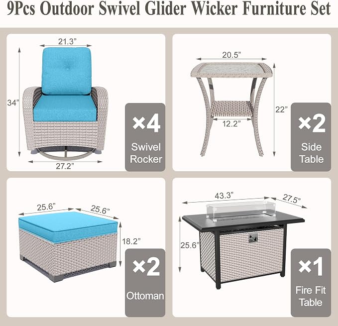 9-Piece Patio Furniture Set, Outdoor Swivel Rocking Chairs Set with 55,000 BTU Fire Pit Table,All Weather Conversation Set for Porch Poolside Balcony