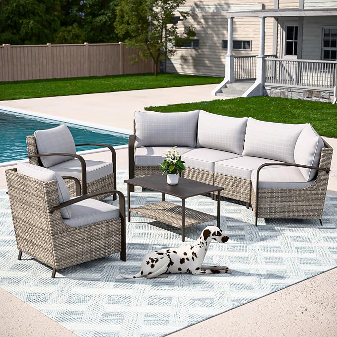 COOS BAY Aurora Terrace 6 Piece Outdoor Sectional Furniture Set, Half Moon Rattan Wicker Conversation Set with Patio Chairs, 4 Seat Sofa & Coffee Table for Patio Garden Yard, Beige/Beige